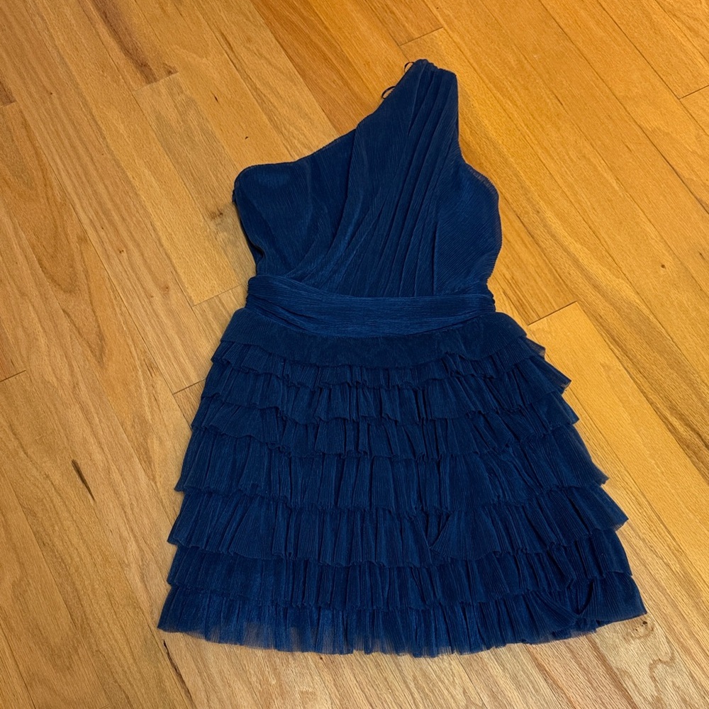 Womens One-Shoulder Navy Ruffled Party Dress